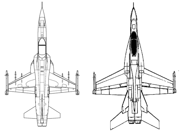 The lineage of the F-5 (left) and YF-17 is apparent from this overhead view.